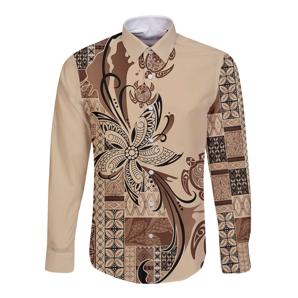 Talofa Samoa Mamanu Siapo Mix Malu Long Sleeve Button Shirt Classic Beige Frangipani and Turtles LT7 Unisex Beige - Polynesian Pride