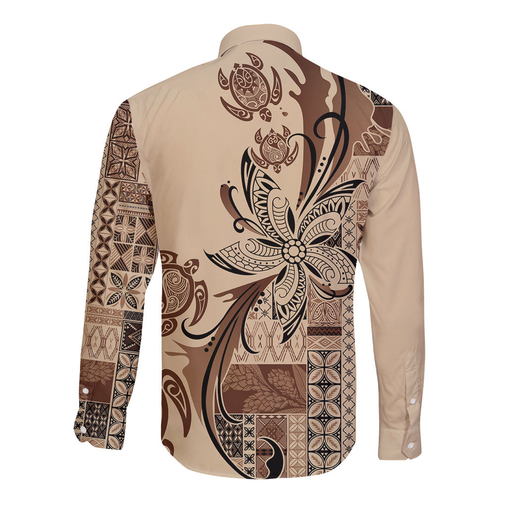 Talofa Samoa Mamanu Siapo Mix Malu Long Sleeve Button Shirt Classic Beige Frangipani and Turtles LT7 - Polynesian Pride
