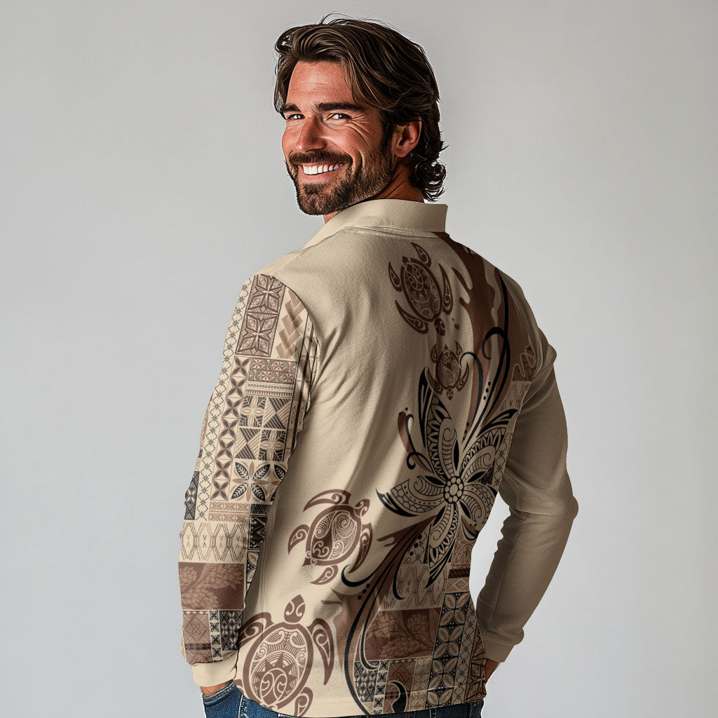 Talofa Samoa Mamanu Siapo Mix Malu Long Sleeve Polo Shirt Classic Beige Frangipani and Turtles LT7 - Polynesian Pride
