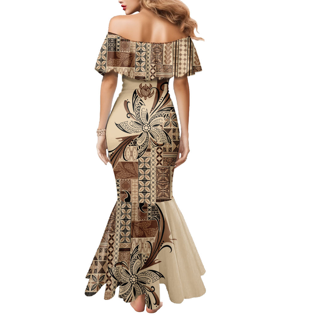 Talofa Samoa Mamanu Siapo Mix Malu Mermaid Dress Classic Beige Frangipani and Turtles LT7 - Polynesian Pride