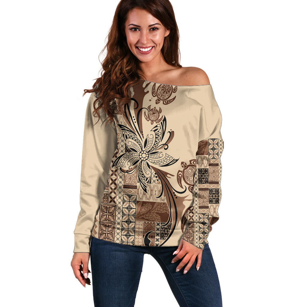 Talofa Samoa Mamanu Siapo Mix Malu Off Shoulder Sweater Classic Beige Frangipani and Turtles LT7 Women Beige - Polynesian Pride