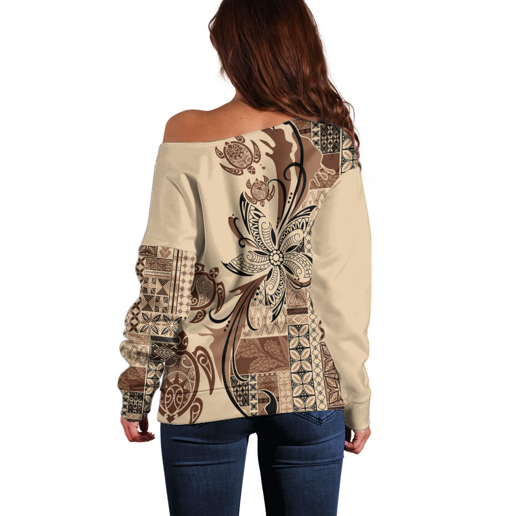 Talofa Samoa Mamanu Siapo Mix Malu Off Shoulder Sweater Classic Beige Frangipani and Turtles LT7 - Polynesian Pride