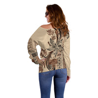 Talofa Samoa Mamanu Siapo Mix Malu Off Shoulder Sweater Classic Beige Frangipani and Turtles LT7 - Polynesian Pride
