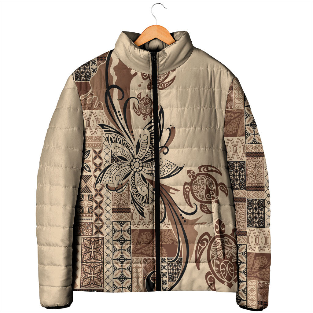 Talofa Samoa Mamanu Siapo Mix Malu Padded Jacket Classic Beige Frangipani and Turtles