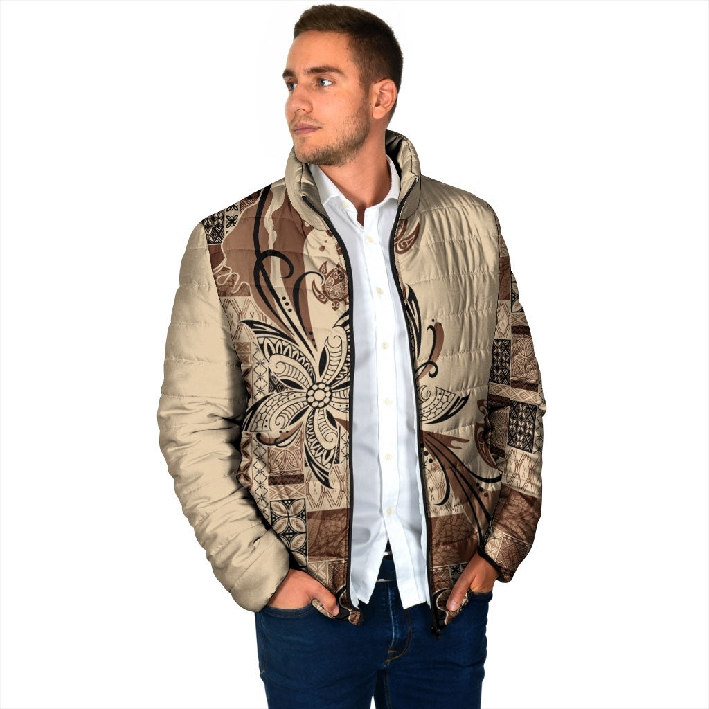 Talofa Samoa Mamanu Siapo Mix Malu Padded Jacket Classic Beige Frangipani and Turtles