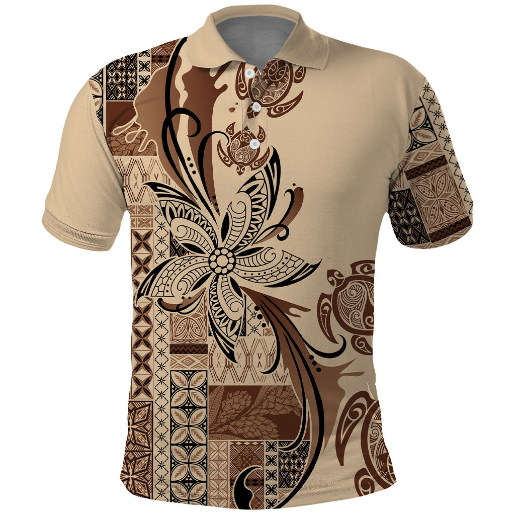Talofa Samoa Mamanu Siapo Mix Malu Polo Shirt Classic Beige Frangipani and Turtles