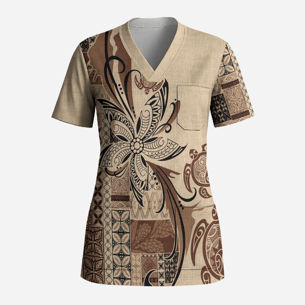 Talofa Samoa Mamanu Siapo Mix Malu Scrub Top Classic Beige Frangipani and Turtles LT7 Adult Beige - Polynesian Pride