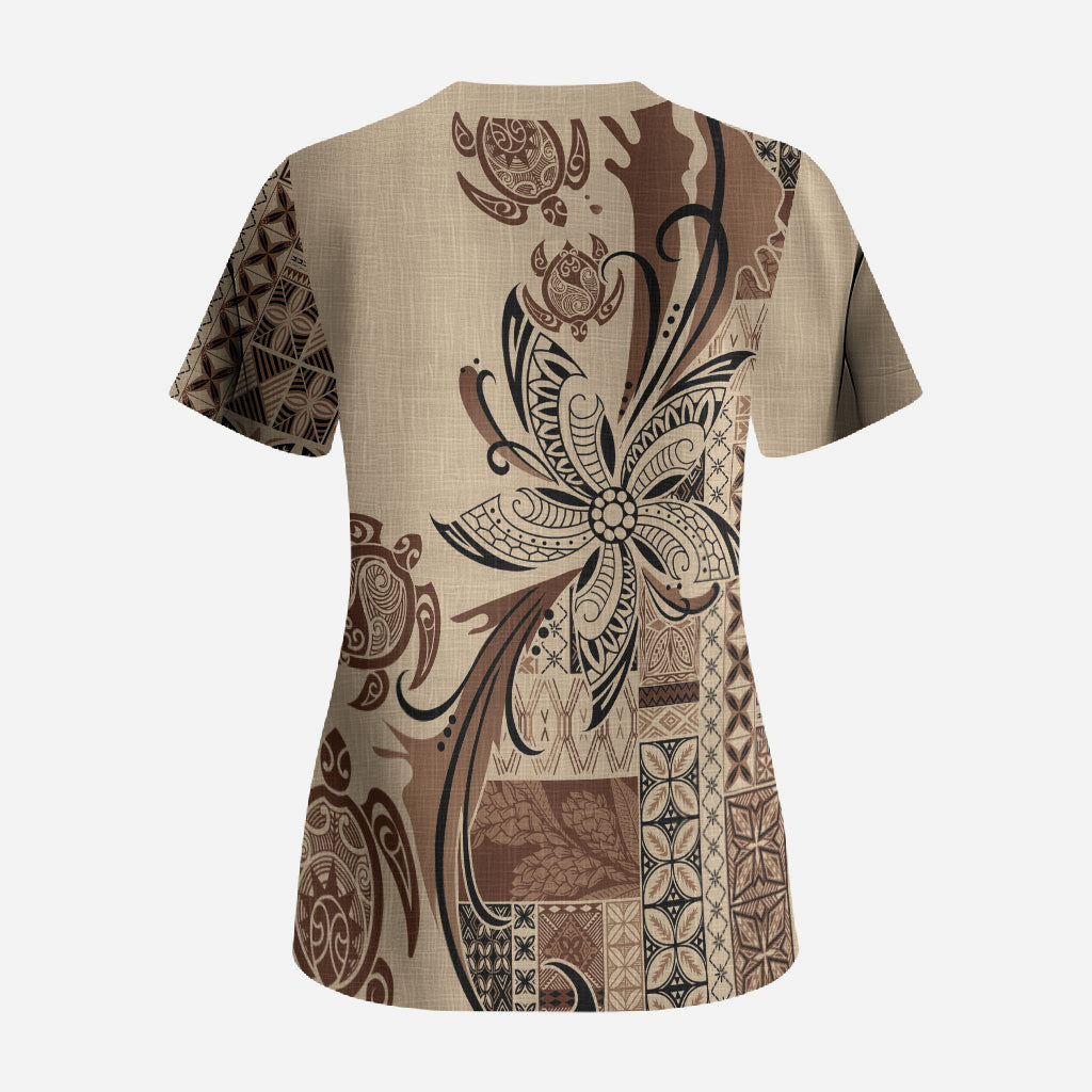 Talofa Samoa Mamanu Siapo Mix Malu Scrub Top Classic Beige Frangipani and Turtles LT7 - Polynesian Pride