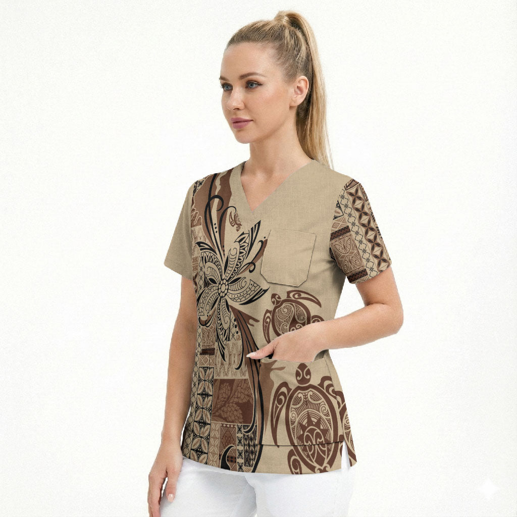 Talofa Samoa Mamanu Siapo Mix Malu Scrub Top Classic Beige Frangipani and Turtles LT7 - Polynesian Pride