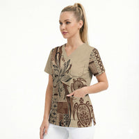 Talofa Samoa Mamanu Siapo Mix Malu Scrub Top Classic Beige Frangipani and Turtles LT7 - Polynesian Pride