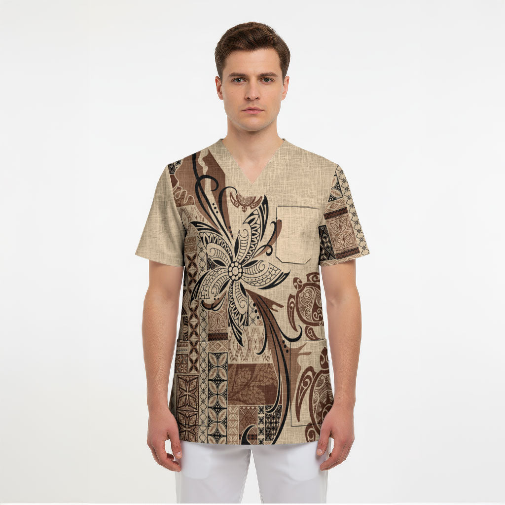 Talofa Samoa Mamanu Siapo Mix Malu Scrub Top Classic Beige Frangipani and Turtles LT7 - Polynesian Pride