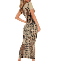 Talofa Samoa Mamanu Siapo Mix Malu Short Sleeve Bodycon Dress Classic Beige Frangipani and Turtles LT7 - Polynesian Pride