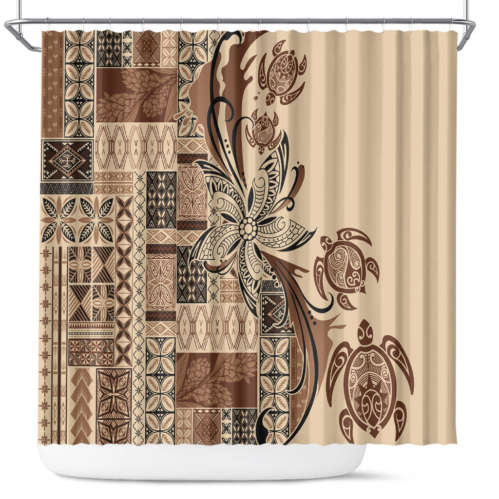 Talofa Samoa Mamanu Siapo Mix Malu Shower Curtain Classic Beige Frangipani and Turtles LT7 Beige - Polynesian Pride
