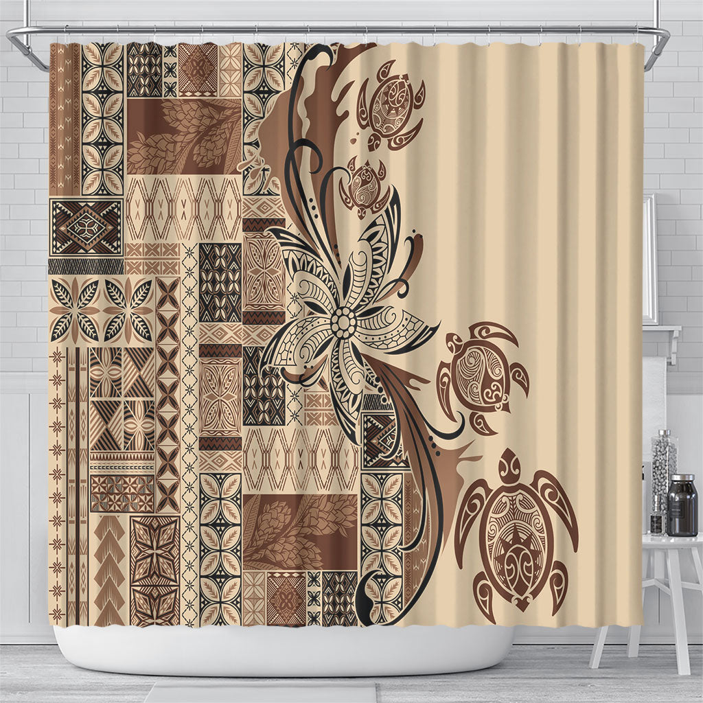 Talofa Samoa Mamanu Siapo Mix Malu Shower Curtain Classic Beige Frangipani and Turtles LT7 - Polynesian Pride