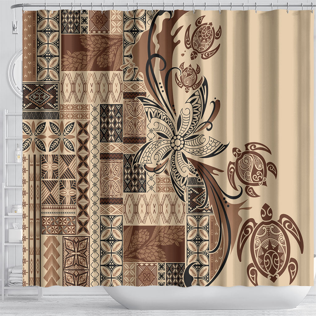 Talofa Samoa Mamanu Siapo Mix Malu Shower Curtain Classic Beige Frangipani and Turtles LT7 - Polynesian Pride