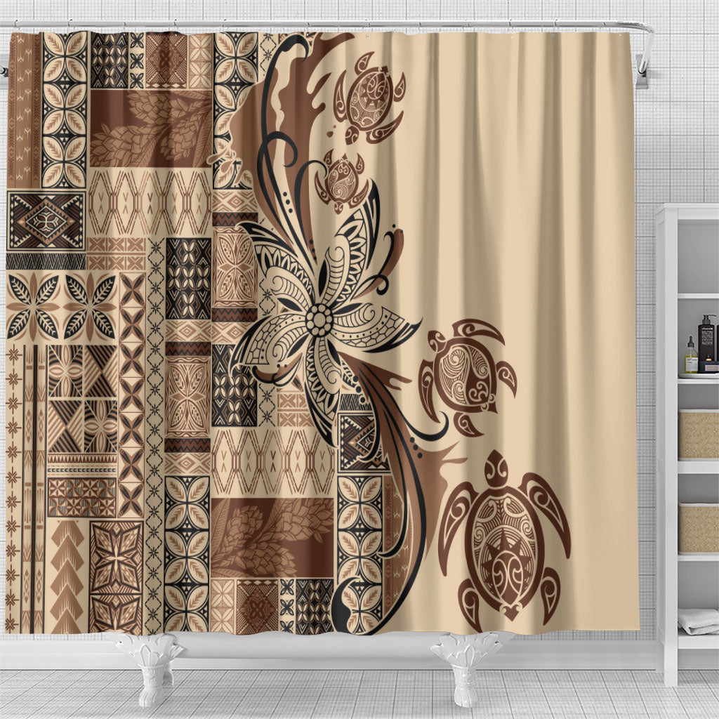 Talofa Samoa Mamanu Siapo Mix Malu Shower Curtain Classic Beige Frangipani and Turtles LT7 - Polynesian Pride