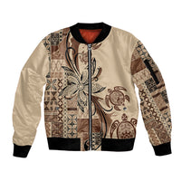 Talofa Samoa Mamanu Siapo Mix Malu Sleeve Zip Bomber Jacket Classic Beige Frangipani and Turtles
