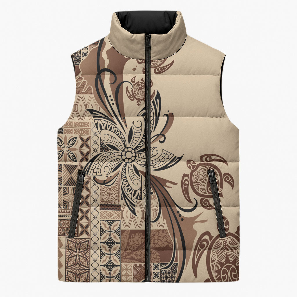 Talofa Samoa Mamanu Siapo Mix Malu Sleeveless Puffer Jacket Classic Beige Frangipani and Turtles LT7 Unisex Beige - Polynesian Pride