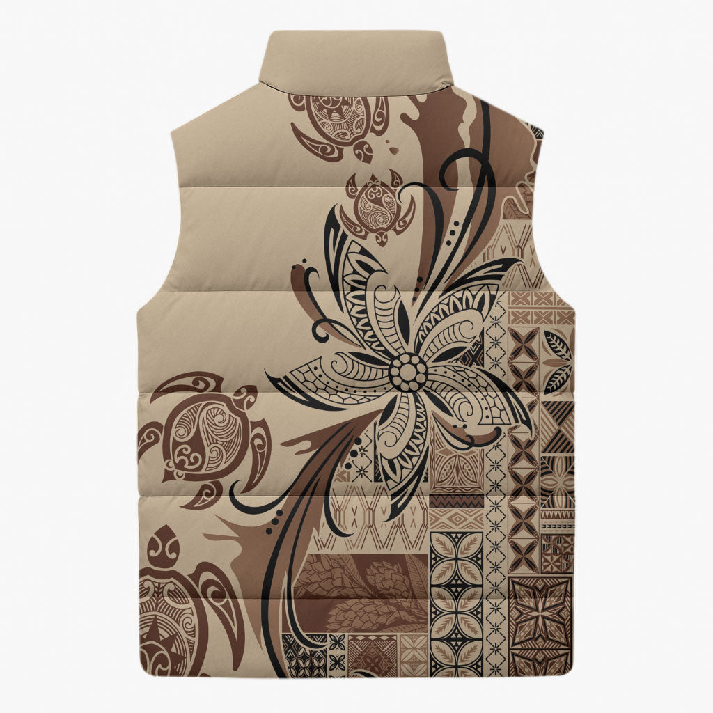 Talofa Samoa Mamanu Siapo Mix Malu Sleeveless Puffer Jacket Classic Beige Frangipani and Turtles LT7 - Polynesian Pride