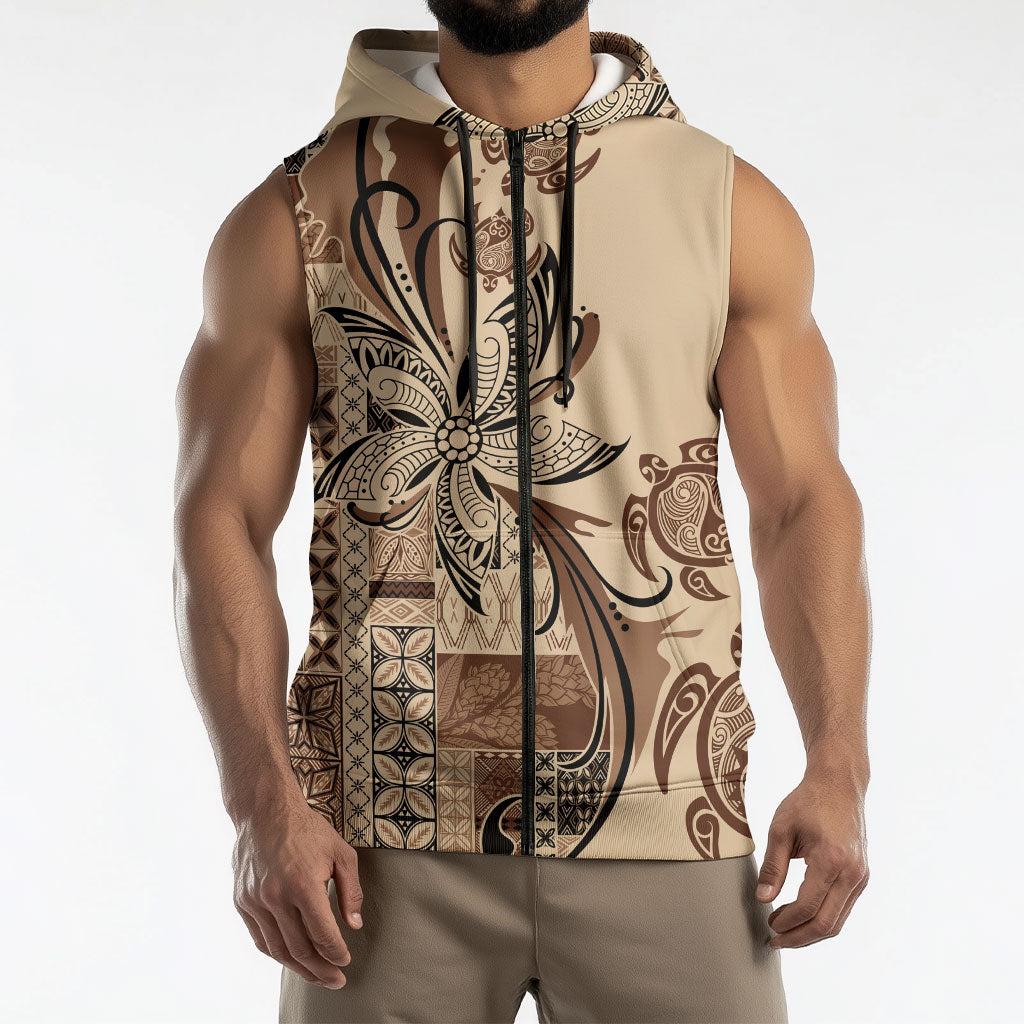 Talofa Samoa Mamanu Siapo Mix Malu Sleeveless Zip Hoodie Classic Beige Frangipani and Turtles LT7 - Polynesian Pride