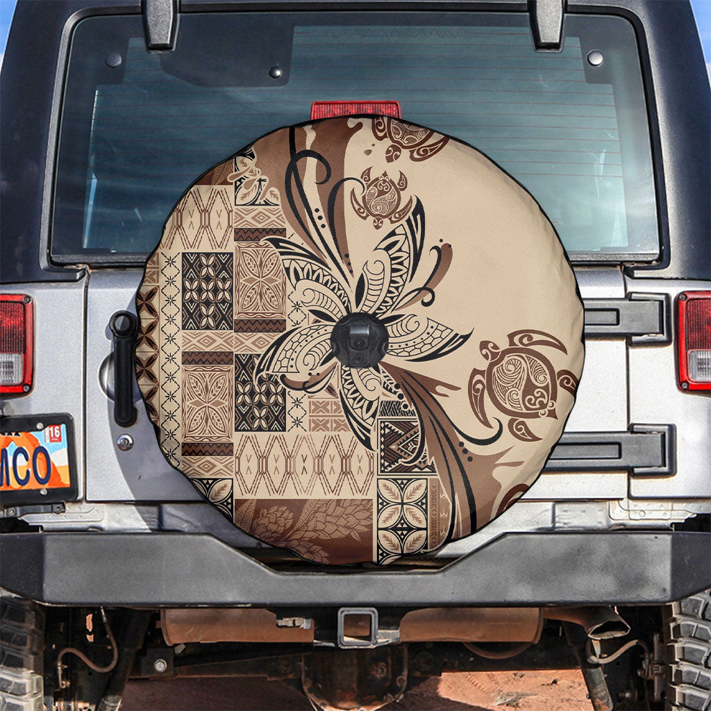 Talofa Samoa Mamanu Siapo Mix Malu Spare Tire Cover Classic Beige Frangipani and Turtles LT7 Beige - Polynesian Pride