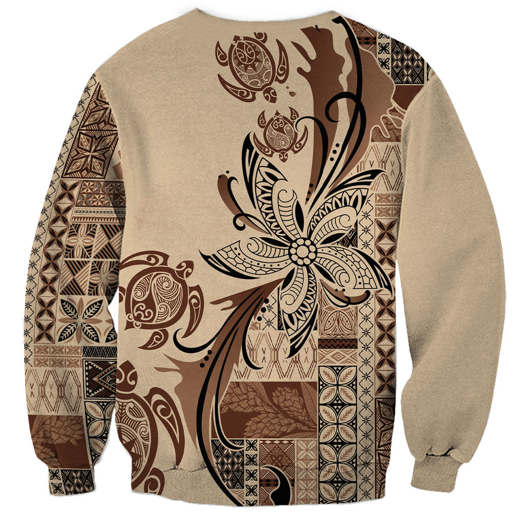 Talofa Samoa Mamanu Siapo Mix Malu Sweatshirt Classic Beige Frangipani and Turtles LT7 - Polynesian Pride