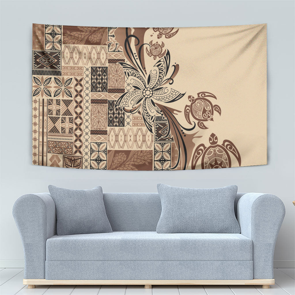 Talofa Samoa Mamanu Siapo Mix Malu Tapestry Classic Beige Frangipani and Turtles LT7 - Polynesian Pride
