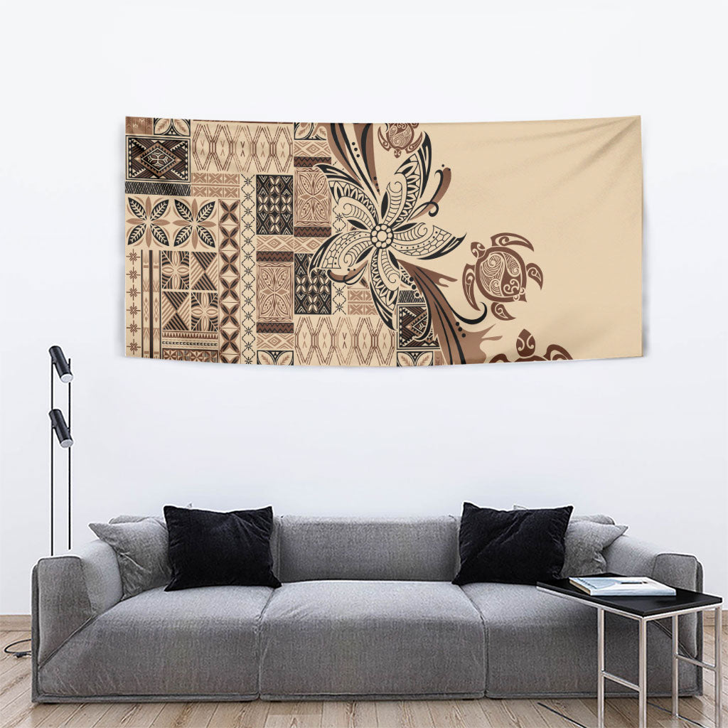 Talofa Samoa Mamanu Siapo Mix Malu Tapestry Classic Beige Frangipani and Turtles LT7 - Polynesian Pride