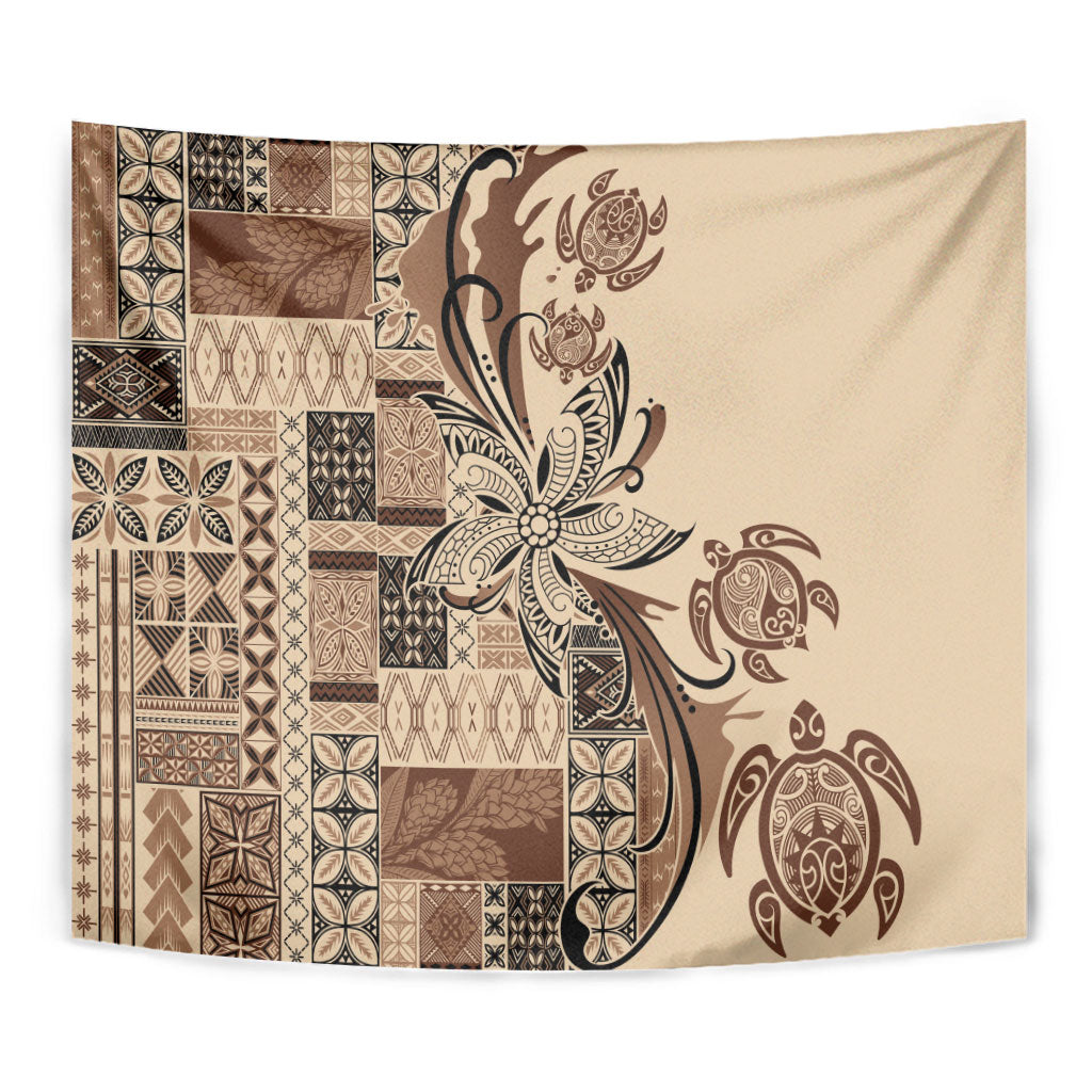 Talofa Samoa Mamanu Siapo Mix Malu Tapestry Classic Beige Frangipani and Turtles LT7 - Polynesian Pride