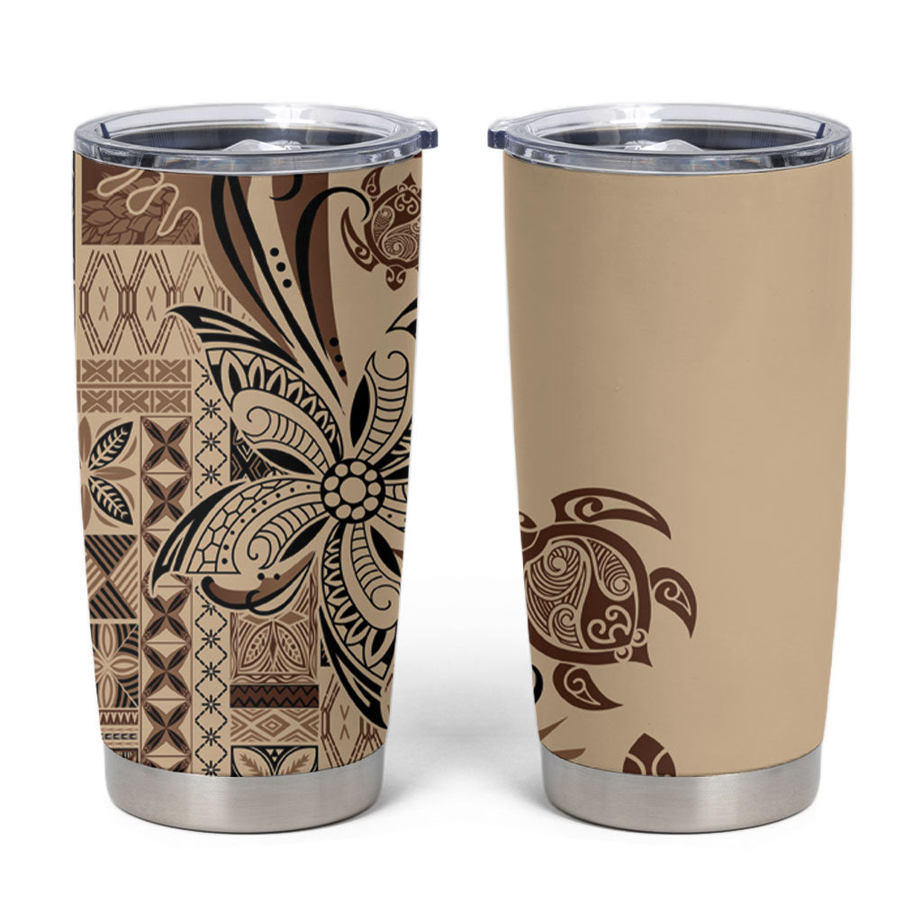 Talofa Samoa Mamanu Siapo Mix Malu Tumbler Cup Classic Beige Frangipani and Turtles
