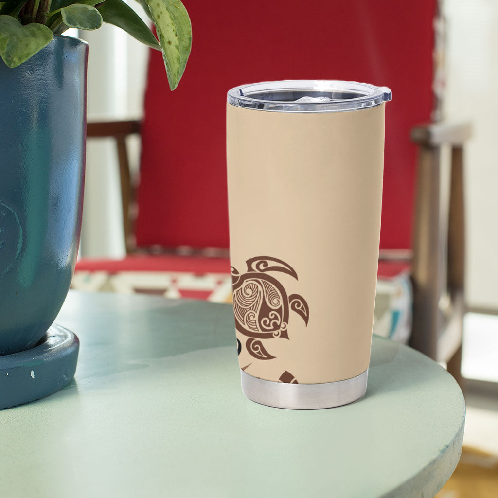 Talofa Samoa Mamanu Siapo Mix Malu Tumbler Cup Classic Beige Frangipani and Turtles