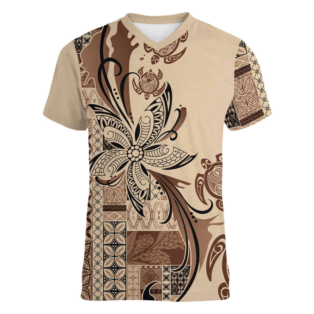 Talofa Samoa Mamanu Siapo Mix Malu Women V-Neck T-Shirt Classic Beige Frangipani and Turtles