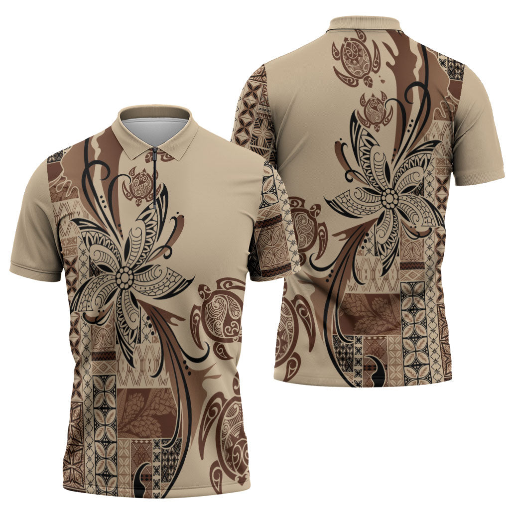 Talofa Samoa Mamanu Siapo Mix Malu Zipper Polo Shirt Classic Beige Frangipani and Turtles LT7 - Polynesian Pride