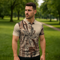 Talofa Samoa Mamanu Siapo Mix Malu Zipper Polo Shirt Classic Beige Frangipani and Turtles LT7 - Polynesian Pride