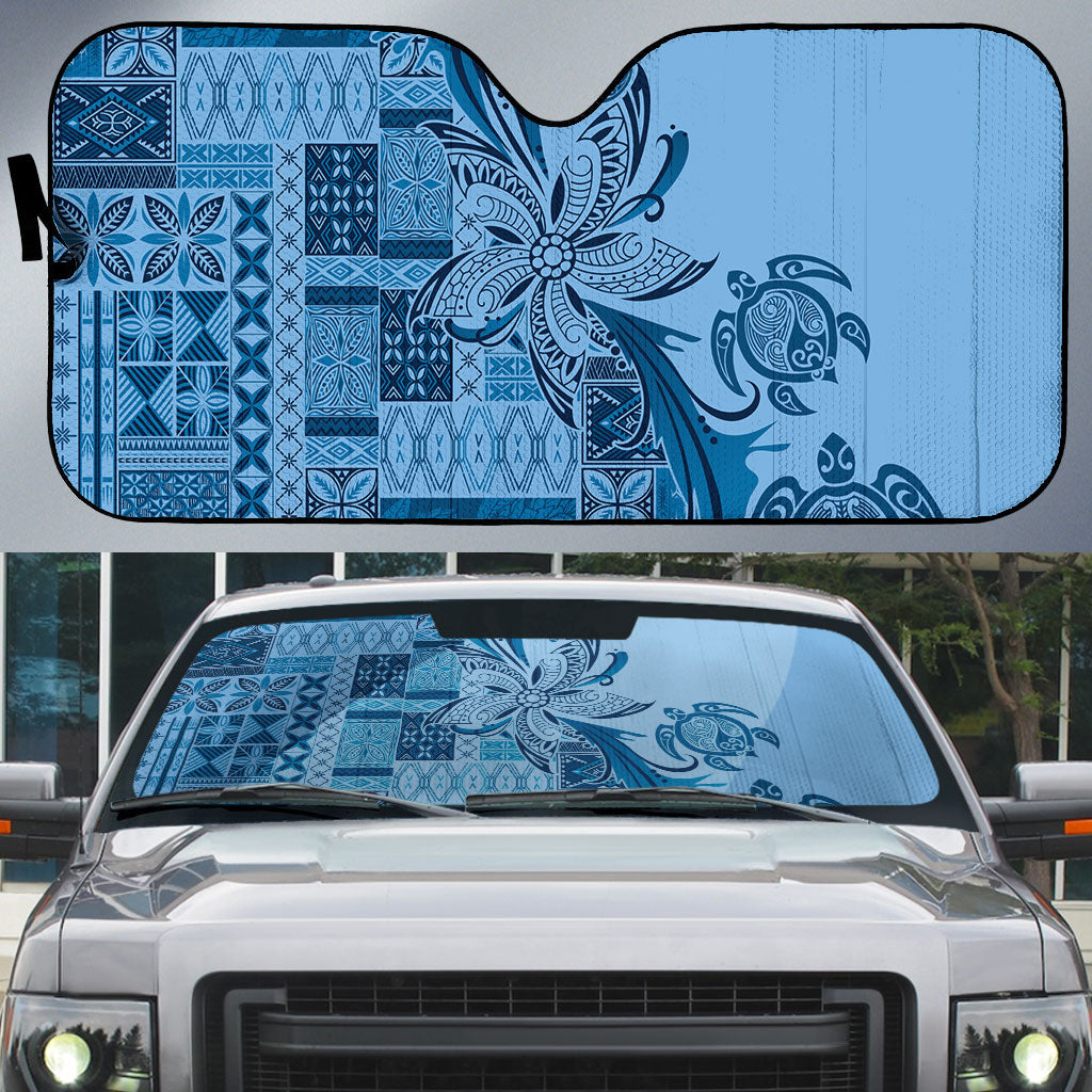 Talofa Samoa Mamanu Siapo Mix Malu Auto Sun Shade Cool Blue Frangipani and Turtles