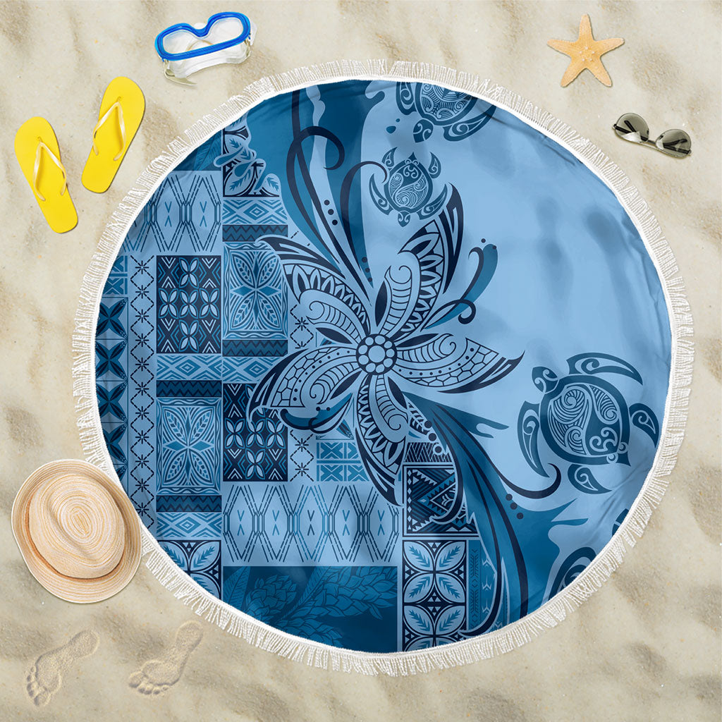 Talofa Samoa Mamanu Siapo Mix Malu Beach Blanket Cool Blue Frangipani and Turtles