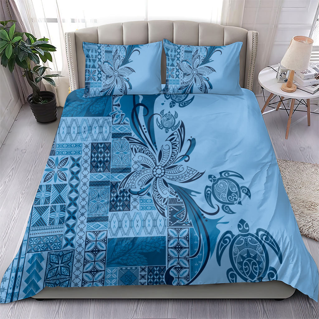 Talofa Samoa Mamanu Siapo Mix Malu Bedding Set Cool Blue Frangipani and Turtles