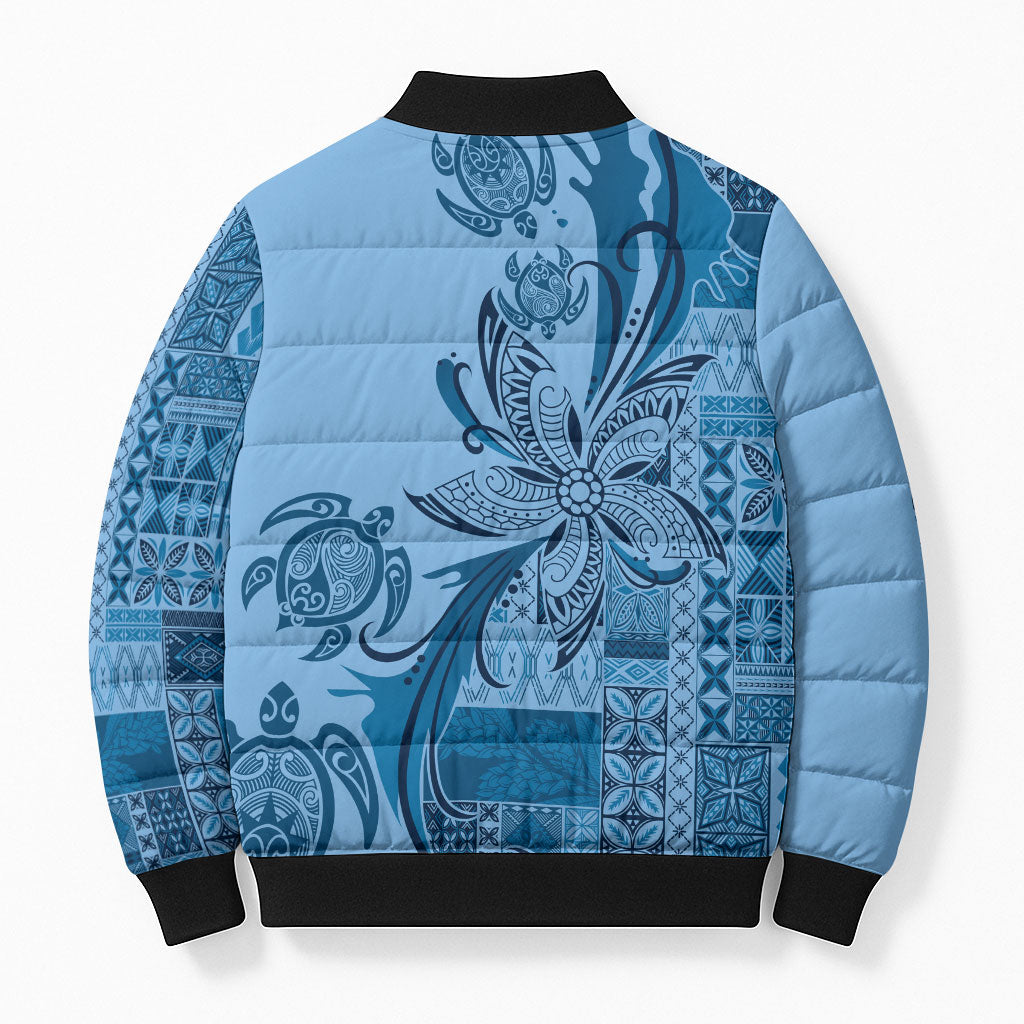 Talofa Samoa Mamanu Siapo Mix Malu Bomber Puffer Jacket Cool Blue Frangipani and Turtles