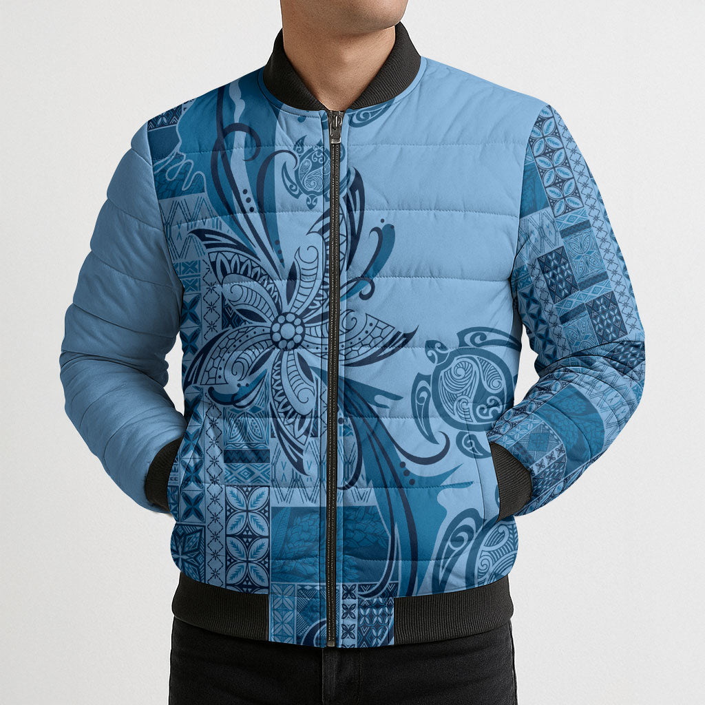 Talofa Samoa Mamanu Siapo Mix Malu Bomber Puffer Jacket Cool Blue Frangipani and Turtles
