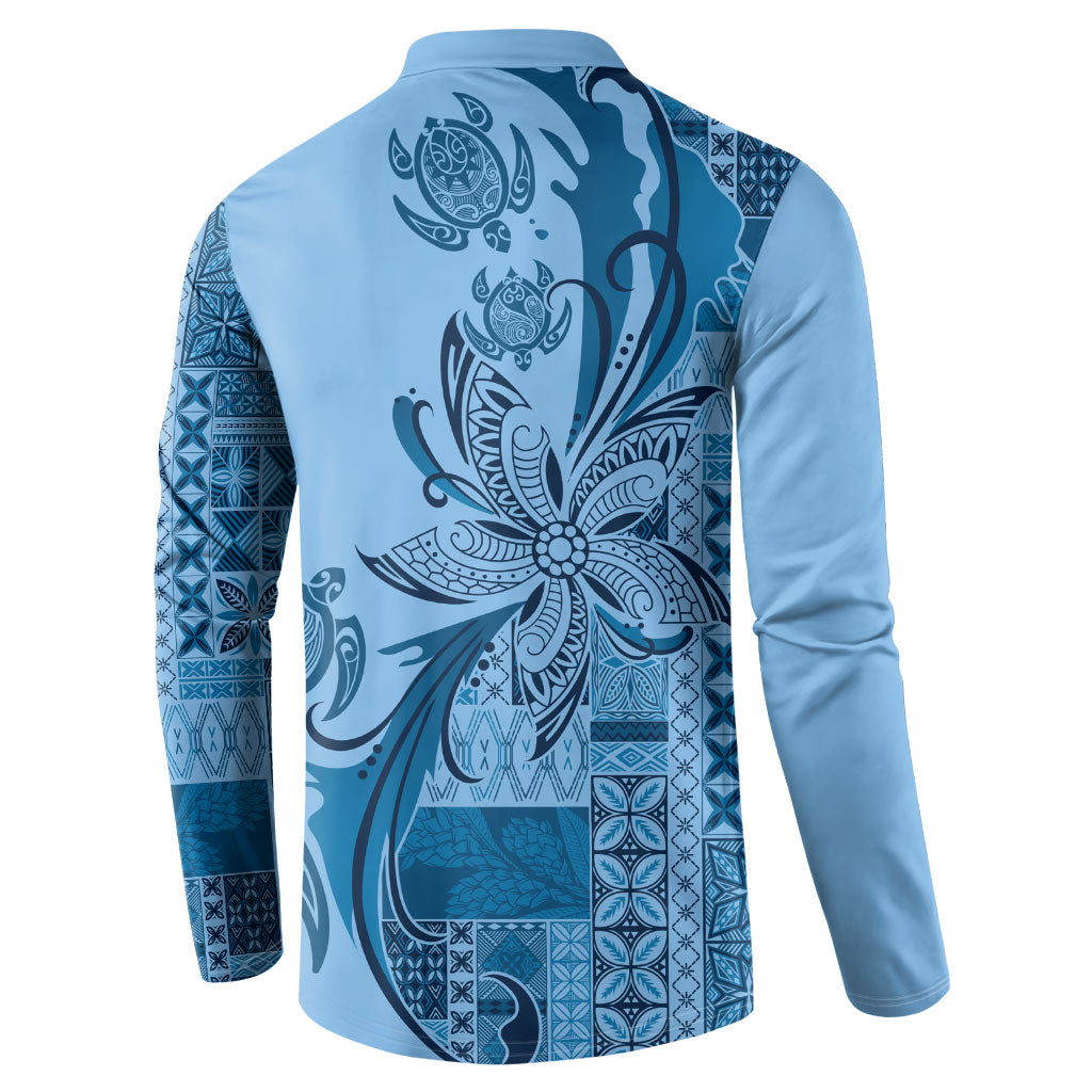 Talofa Samoa Mamanu Siapo Mix Malu Button Sweatshirt Cool Blue Frangipani and Turtles