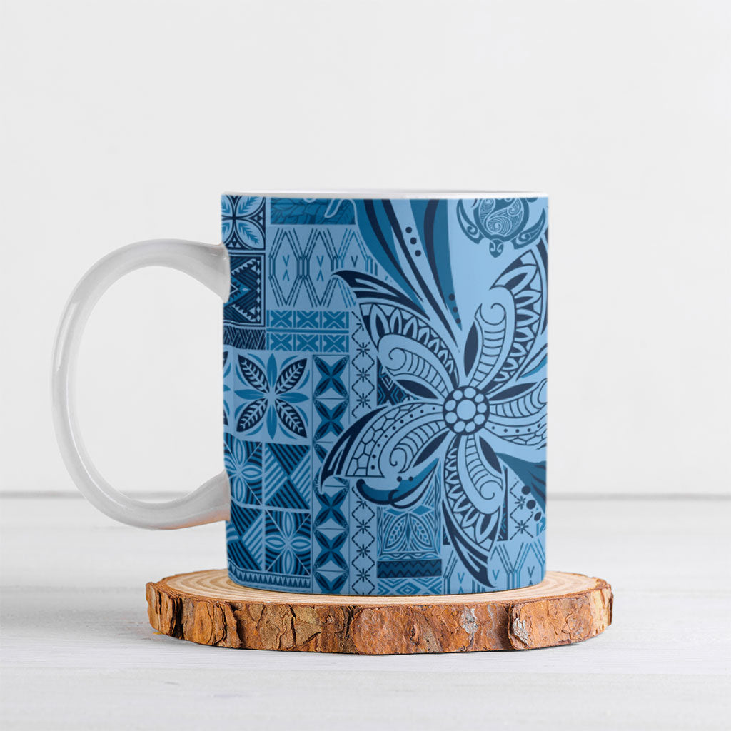 Talofa Samoa Mamanu Siapo Mix Malu Ceramic Mug Cool Blue Frangipani and Turtles