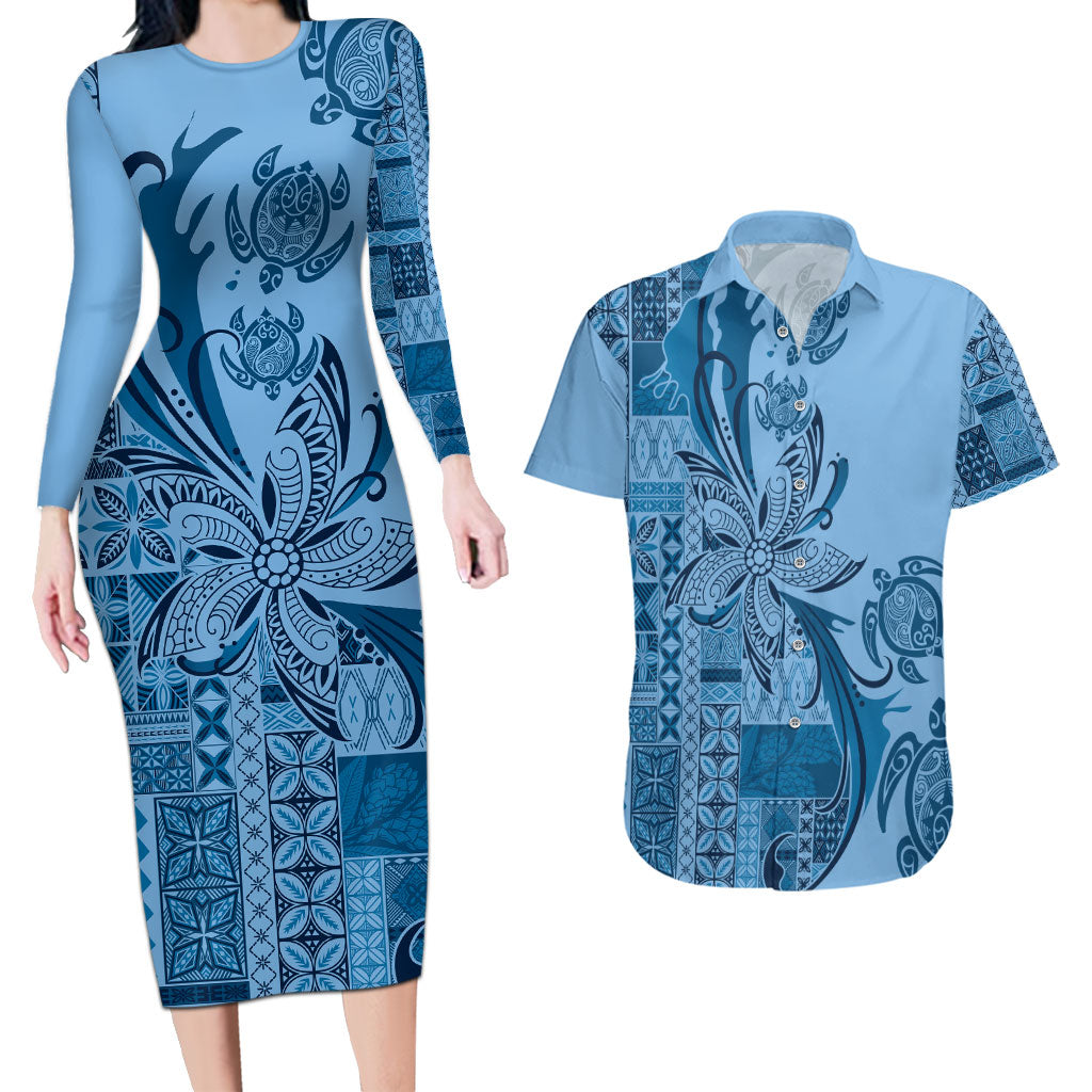 Talofa Samoa Mamanu Siapo Mix Malu Couples Matching Long Sleeve Bodycon Dress and Hawaiian Shirt Cool Blue Frangipani and Turtles LT7 Blue - Polynesian Pride