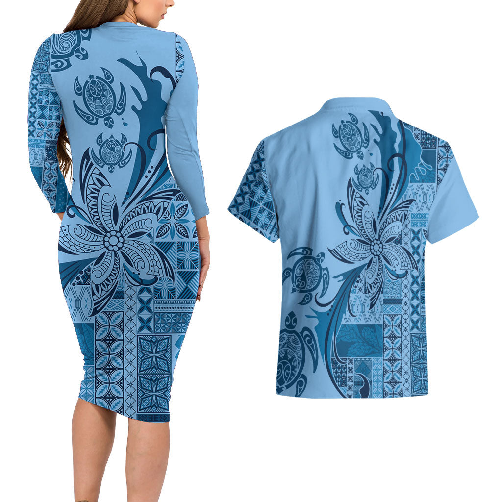 Talofa Samoa Mamanu Siapo Mix Malu Couples Matching Long Sleeve Bodycon Dress and Hawaiian Shirt Cool Blue Frangipani and Turtles LT7 - Polynesian Pride