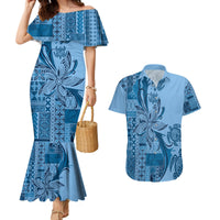 Talofa Samoa Mamanu Siapo Mix Malu Couples Matching Mermaid Dress and Hawaiian Shirt Cool Blue Frangipani and Turtles