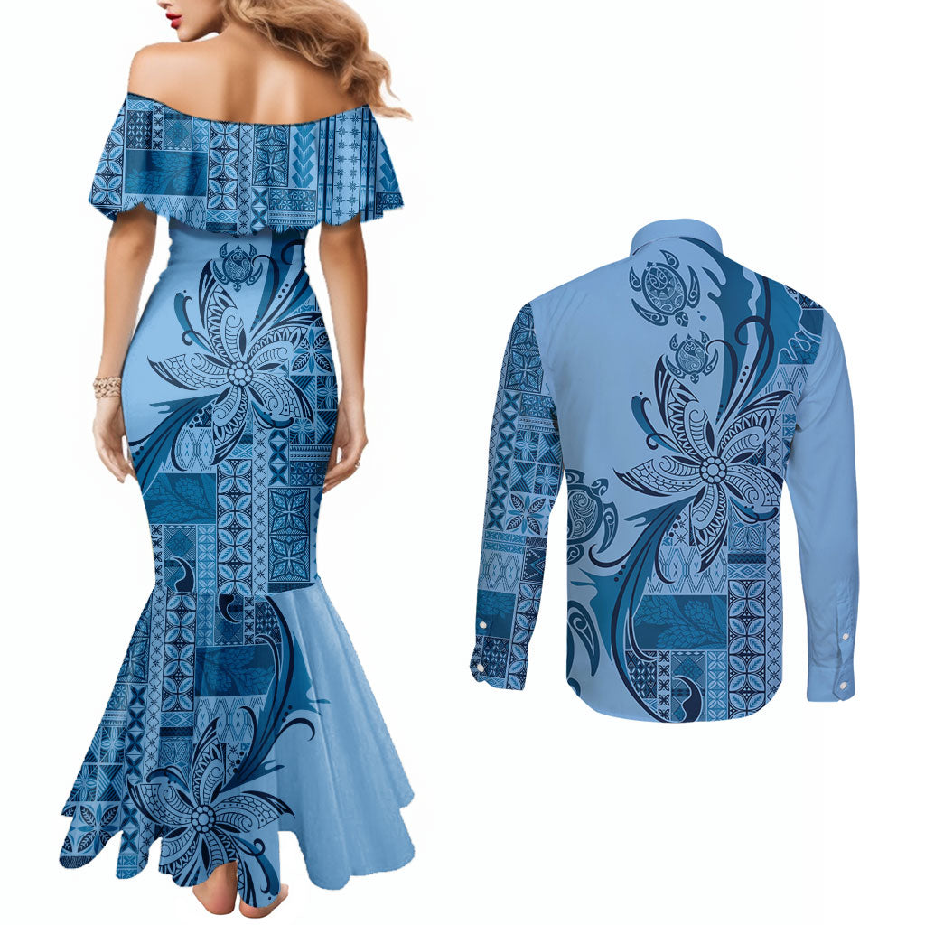 Talofa Samoa Mamanu Siapo Mix Malu Couples Matching Mermaid Dress and Long Sleeve Button Shirt Cool Blue Frangipani and Turtles