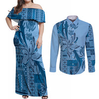 Talofa Samoa Mamanu Siapo Mix Malu Couples Matching Off Shoulder Maxi Dress and Long Sleeve Button Shirt Cool Blue Frangipani and Turtles