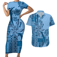 Talofa Samoa Mamanu Siapo Mix Malu Couples Matching Short Sleeve Bodycon Dress and Hawaiian Shirt Cool Blue Frangipani and Turtles LT7 Blue - Polynesian Pride