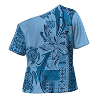 Talofa Samoa Mamanu Siapo Mix Malu Cross Shoulder Shirt Cool Blue Frangipani and Turtles