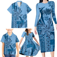 Talofa Samoa Mamanu Siapo Mix Malu Family Matching Long Sleeve Bodycon Dress and Hawaiian Shirt Cool Blue Frangipani and Turtles LT7 - Polynesian Pride