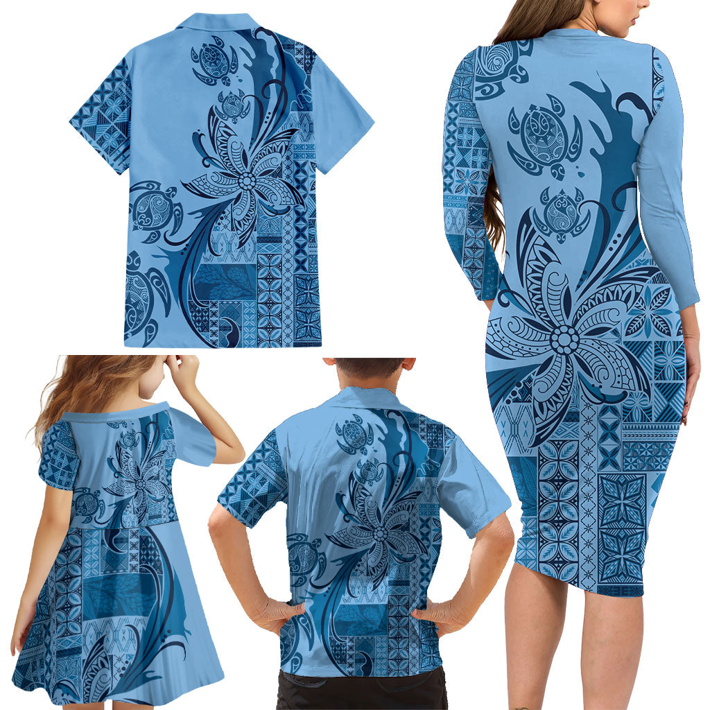 Talofa Samoa Mamanu Siapo Mix Malu Family Matching Long Sleeve Bodycon Dress and Hawaiian Shirt Cool Blue Frangipani and Turtles LT7 - Polynesian Pride